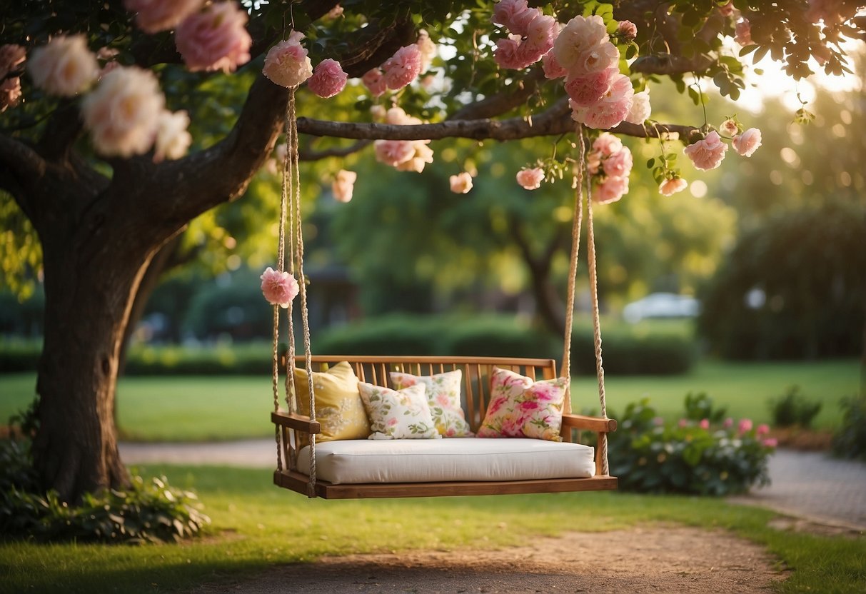 A colorful floral swing hangs from a tree in a garden, surrounded by lush greenery and blooming flowers, creating a whimsical setting for wedding photos