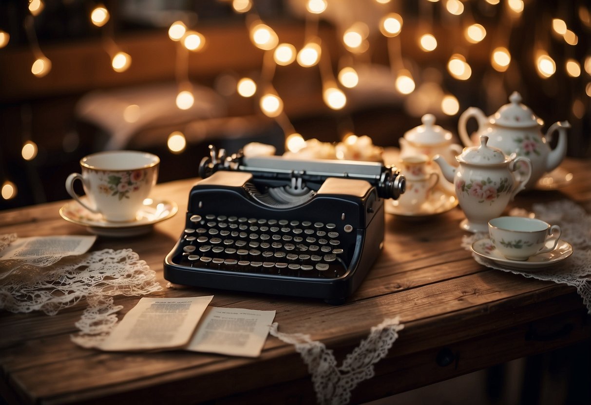 Vintage tea cups and delicate lace tablecloths adorn the tables, while soft string lights cast a warm glow over the room. A vintage typewriter sits on a rustic wooden desk, surrounded by stacks of love letters and old photographs