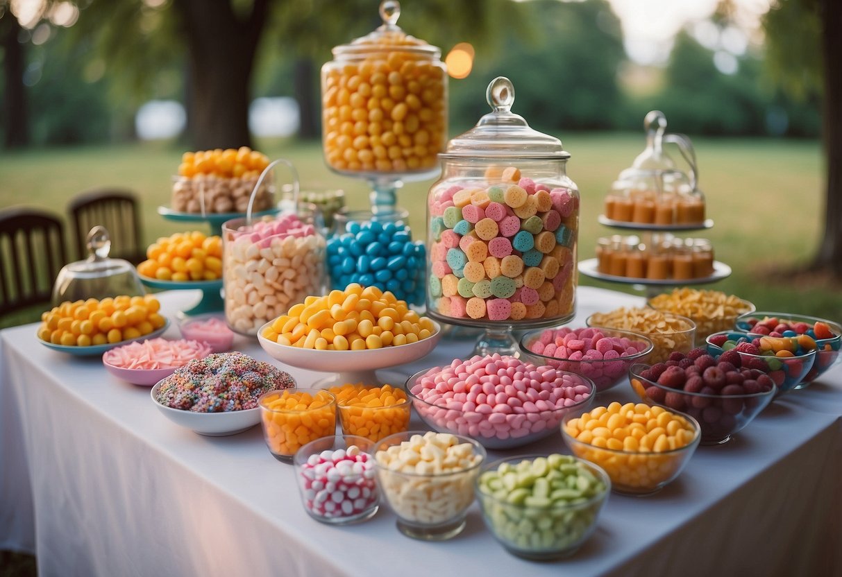 A colorful candy buffet adorned with childhood favorites at a whimsical wedding celebration