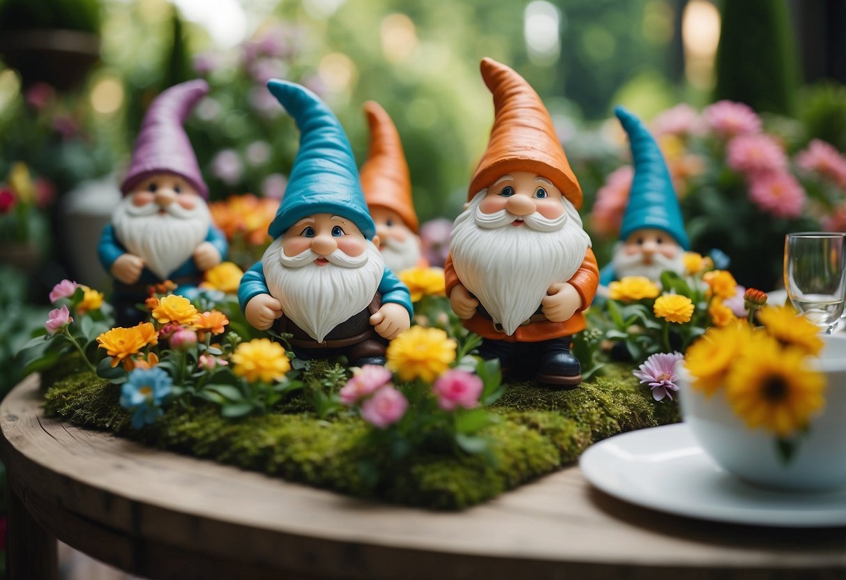 Colorful garden gnomes arranged as centerpieces on tables at a whimsical wedding, surrounded by blooming flowers and lush greenery