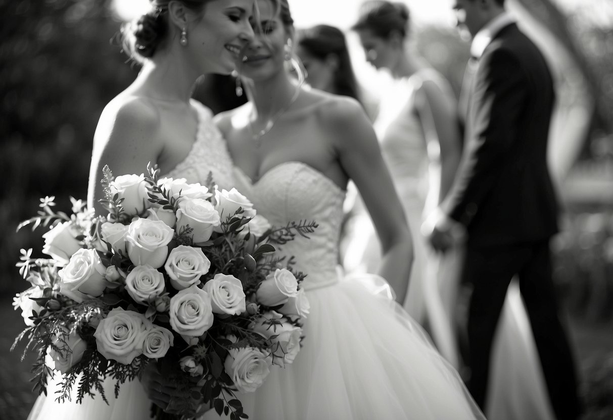 A black and white wedding scene with a bride's gown, groom's tuxedo, black and white floral arrangements, and elegant monochrome accessories