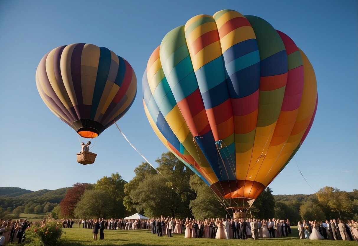 A hot air balloon rises into the sky, adorned with whimsical wedding decorations. The colorful balloon is surrounded by lush greenery and a clear blue sky