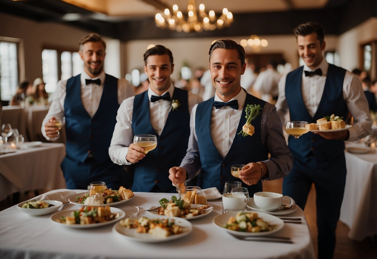 Waiters juggle plates, glasses, and cutlery in a playful, choreographed manner, creating a lively and interactive atmosphere at a whimsical wedding