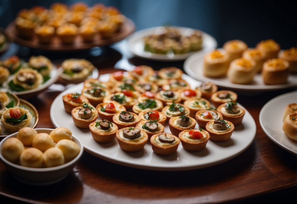 A table adorned with an array of elegant and colorful hors d'oeuvres, including mini quiches, stuffed mushrooms, and delicate canapés