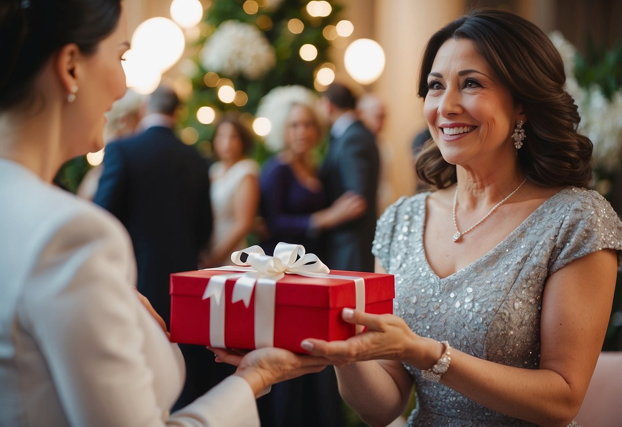 Groom's mother presents a gift to bride's mother