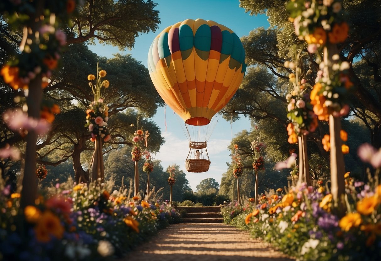 A colorful hot air balloon soaring over a magical forest with a whimsical wedding altar made of vines and flowers