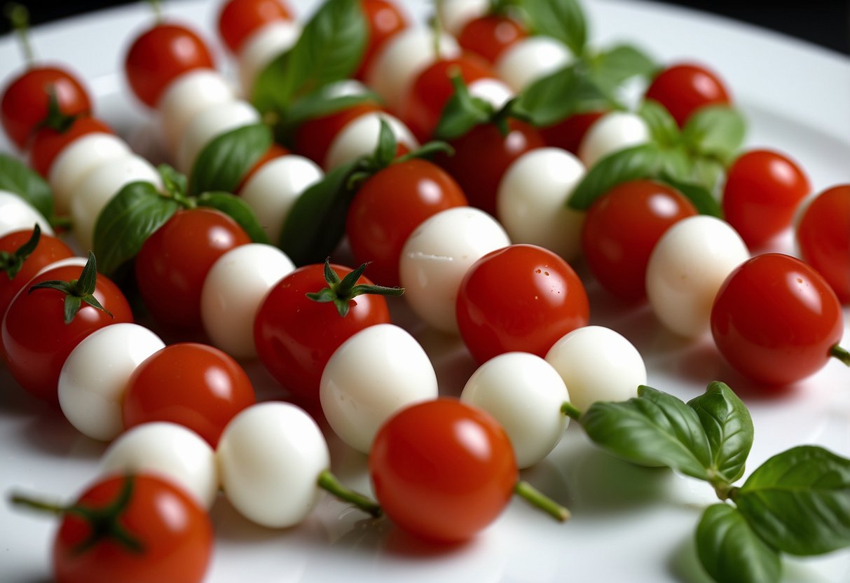 Mini Caprese Skewers arranged on a white serving platter with fresh basil leaves and cherry tomatoes