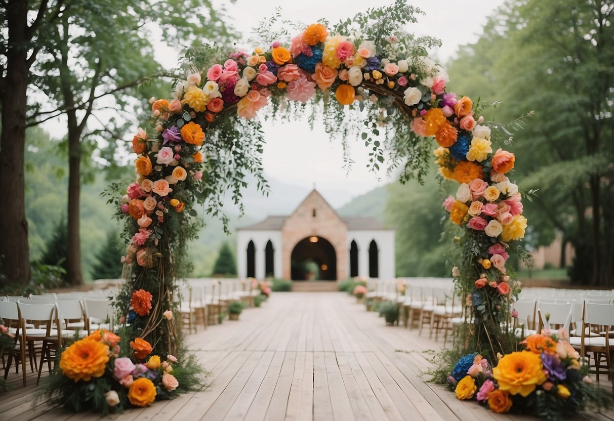 A colorful outdoor wedding with oversized flowers, hanging lanterns, and a whimsical arch made of twigs and ribbons