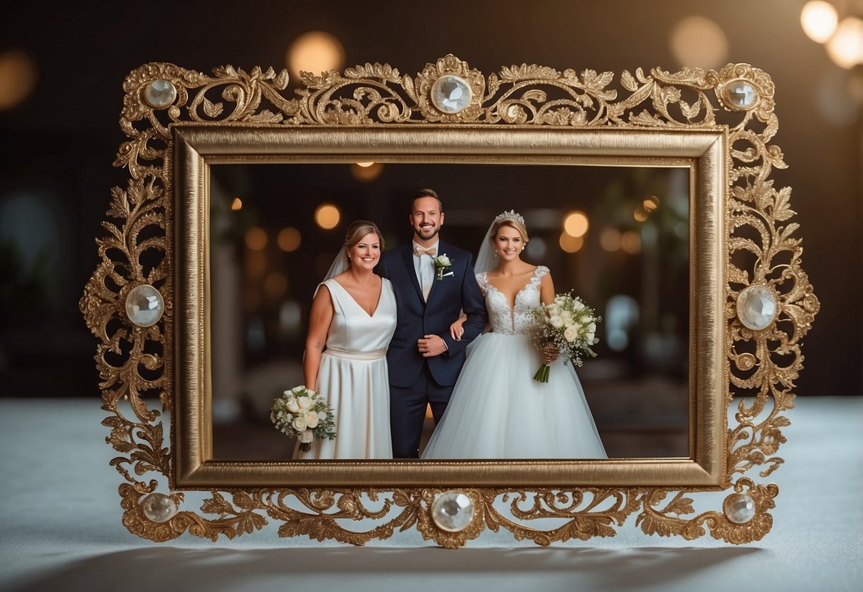 A custom engraved picture frame is handed from the groom's mother to the bride's mother as a gift