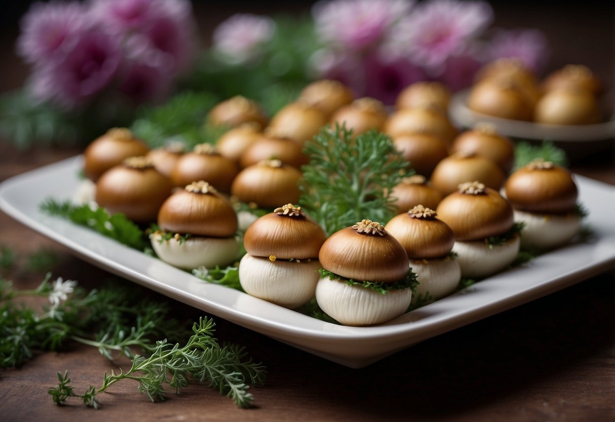 Mushroom caps stuffed with savory filling, arranged on a elegant serving platter, surrounded by delicate floral decorations