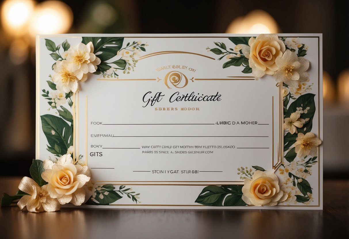 A gift certificate is presented by the groom's mother to the bride's mother at a luxurious spa