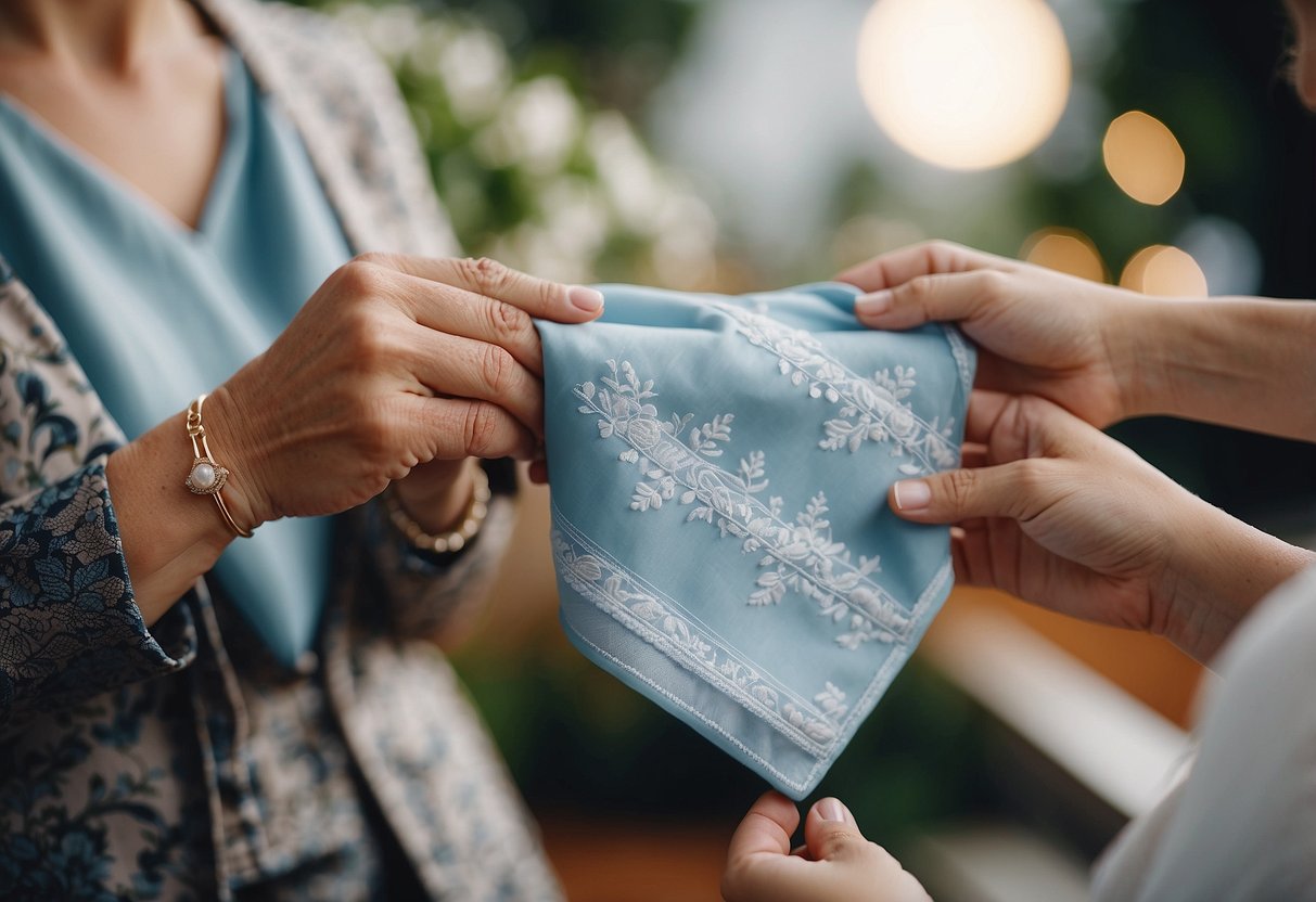 Groom's mother gifts bride's mother a personalized handkerchief