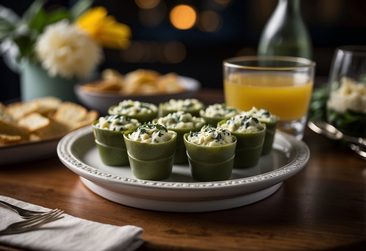 Spinach and artichoke dip cups arranged on a decorative serving tray with elegant cocktail napkins and small tasting forks