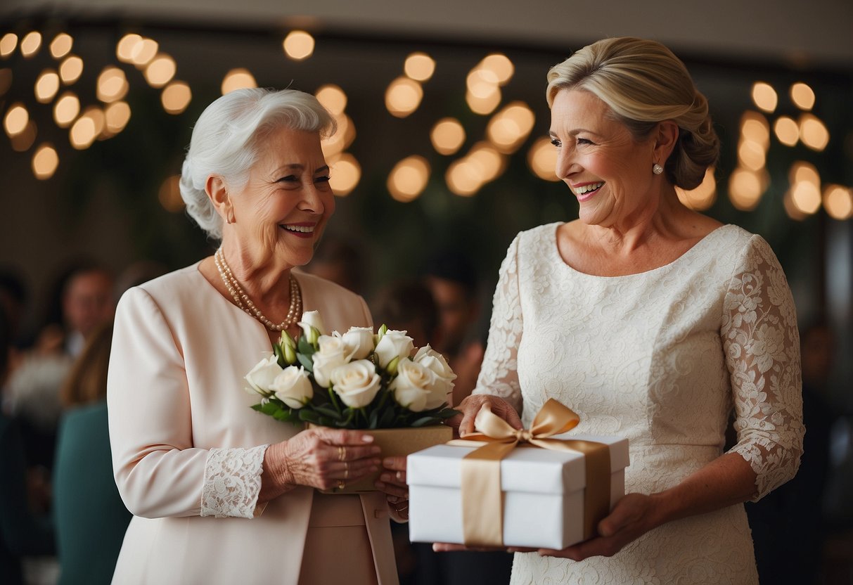 Groom's mother presents a gift to the bride's mother, along with a heartfelt letter