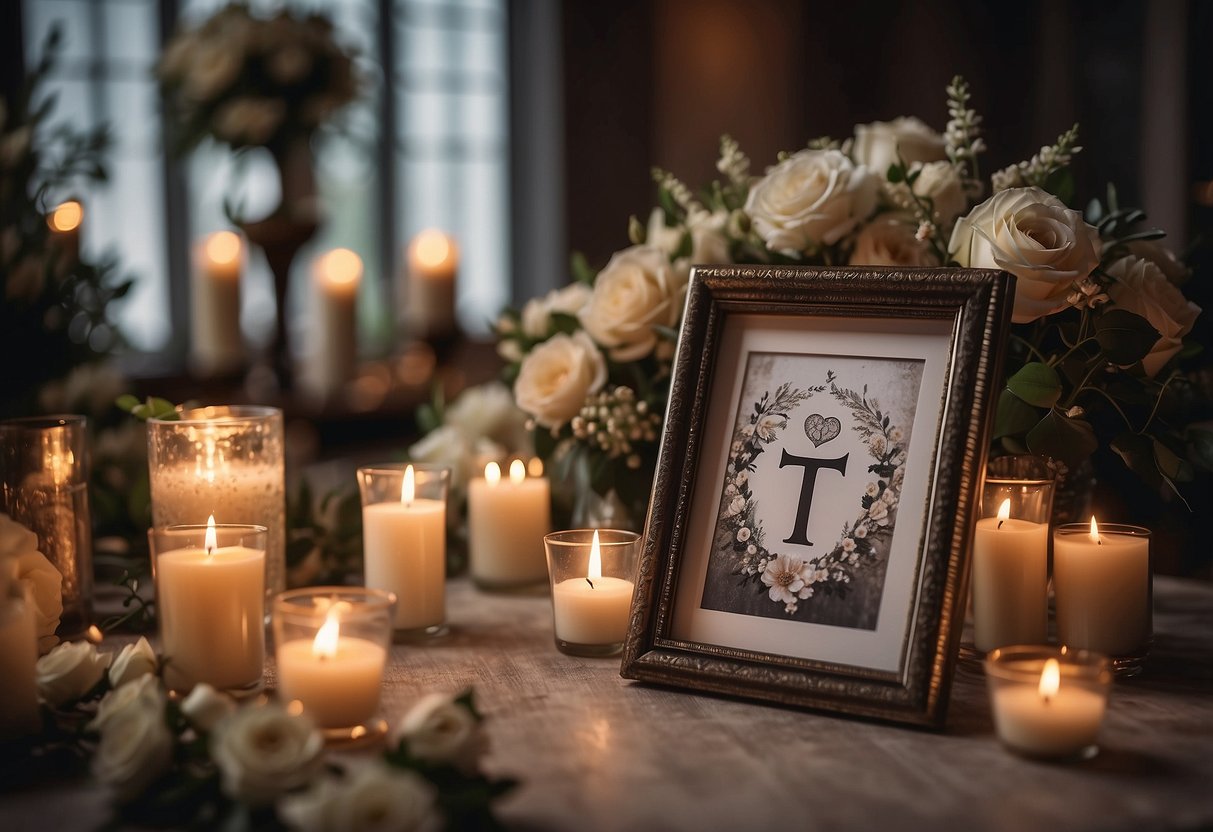 A wedding altar adorned with flowers and a memorial sign, surrounded by flickering candles and framed photos of the departed loved ones