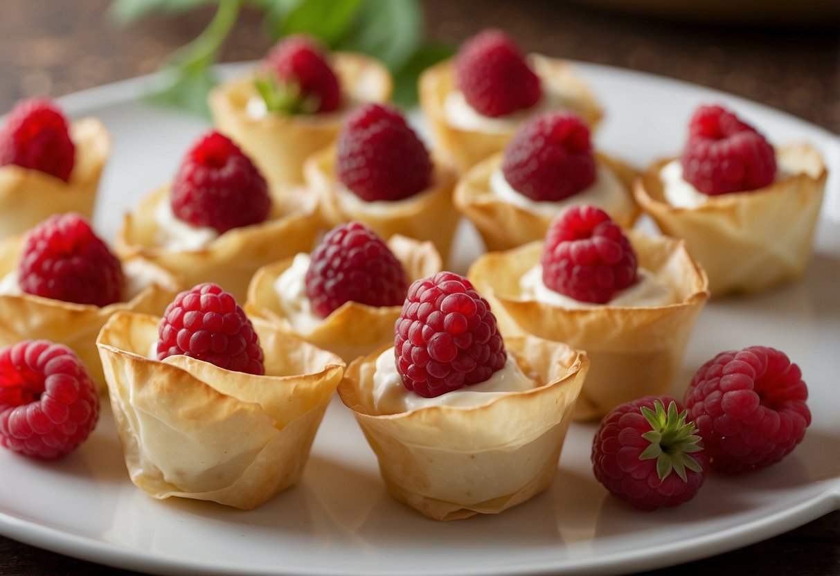 Phyllo cups filled with brie and raspberry, arranged on a decorative platter with elegant garnishes