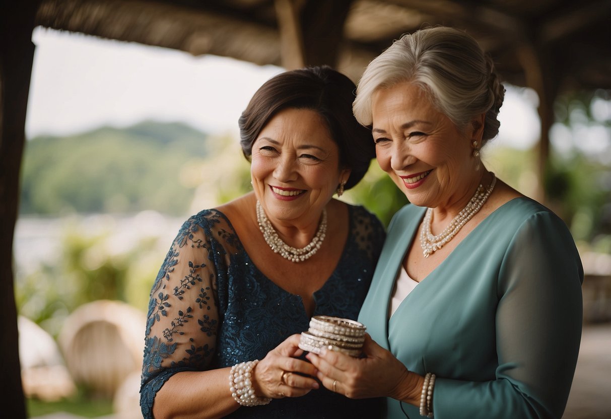 Groom's mother presents gift to bride's mother: handmade jewelry