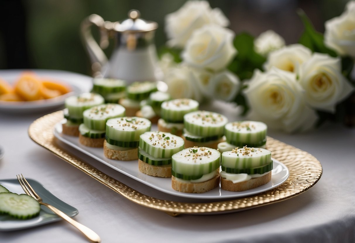 A table set with delicate cucumber tea sandwiches, arranged on a tiered serving tray, surrounded by elegant floral centerpieces