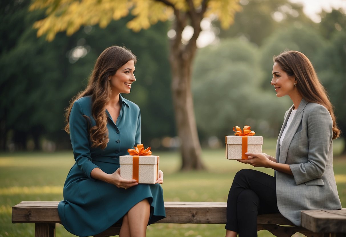 Two elegant gift boxes exchanged between two women in a serene outdoor setting