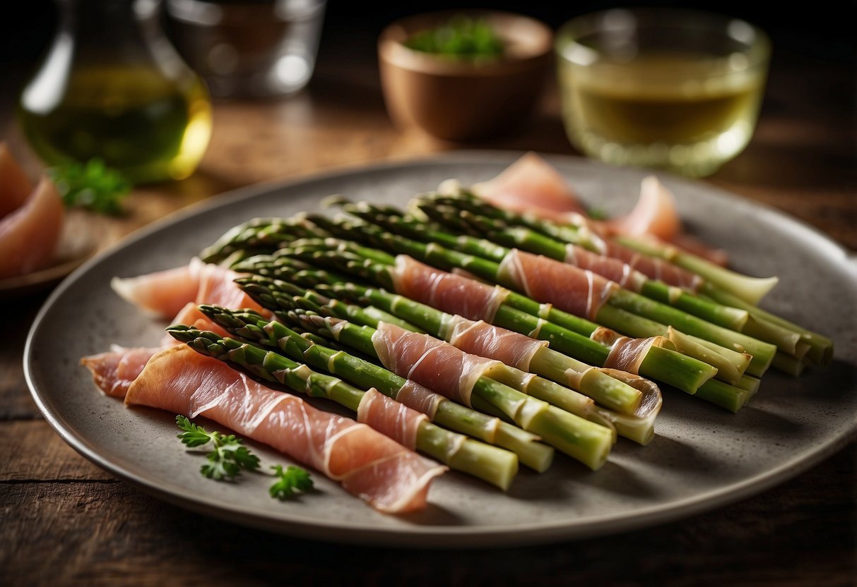 Fresh asparagus spears wrapped in thin slices of prosciutto, arranged on a elegant serving platter with a side of tangy dipping sauce