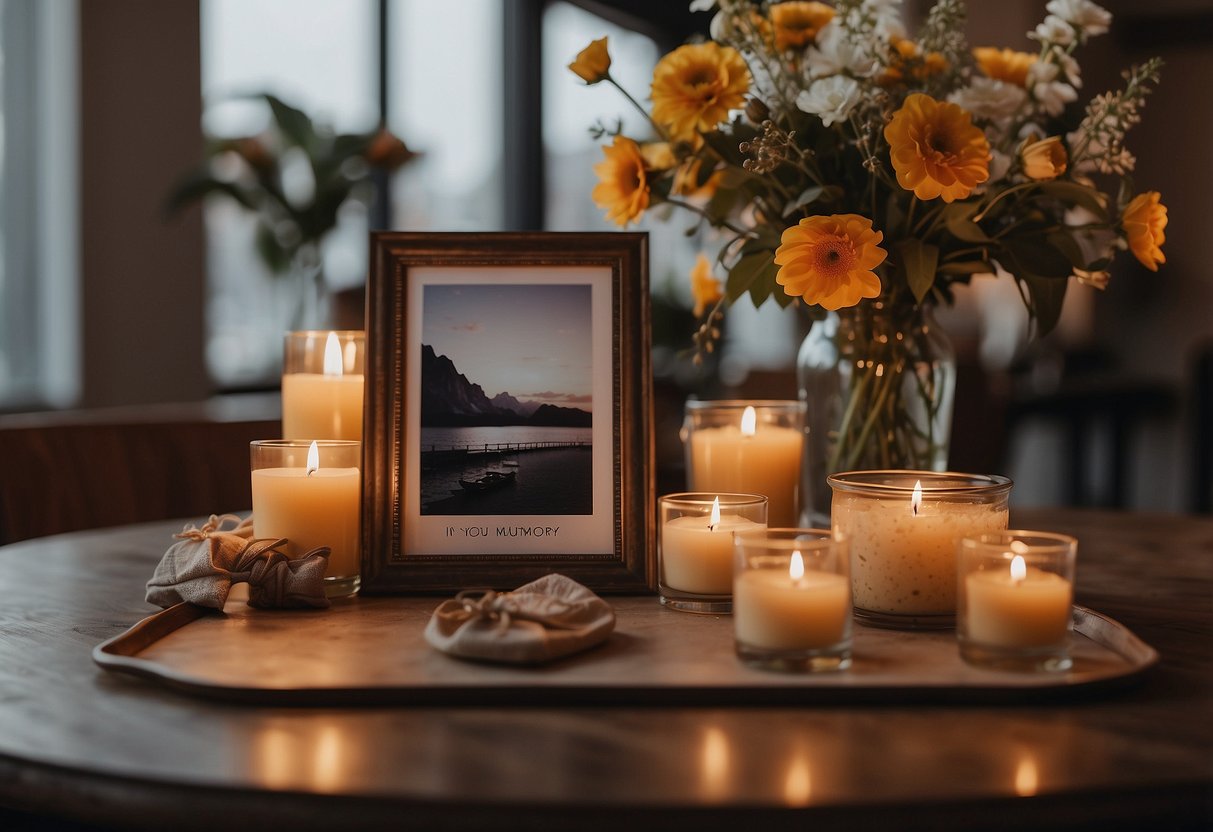 A table adorned with framed photos, flowers, and candles. A sign reads "In Loving Memory." Soft lighting creates a warm, sentimental atmosphere