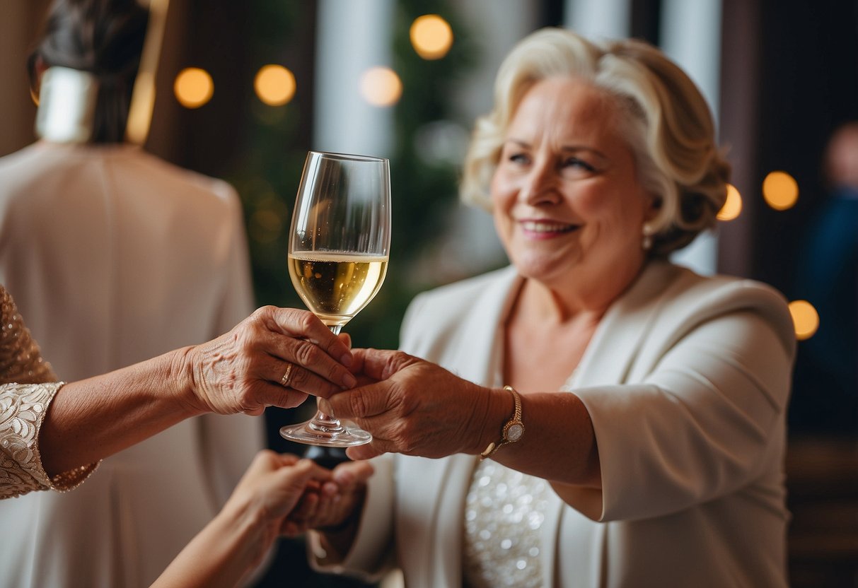 Groom's mother presents personalized wine to bride's mother