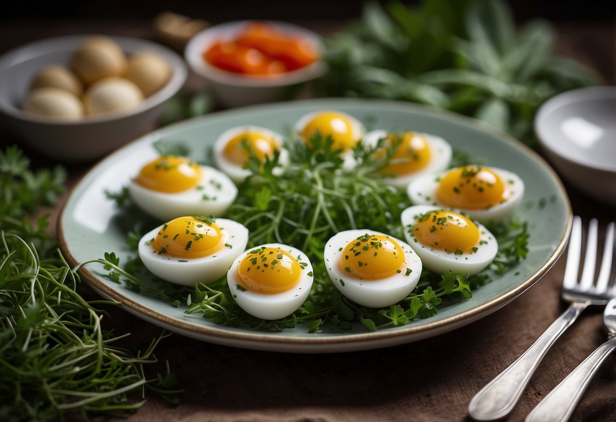 A platter of deviled quail eggs arranged on a bed of fresh herbs and garnished with a sprinkle of paprika, surrounded by delicate porcelain serving dishes and elegant silverware