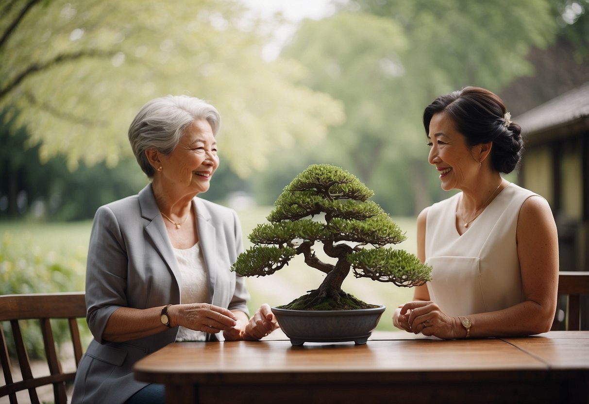 Groom's mother presents bonsai to bride's mother as a gift