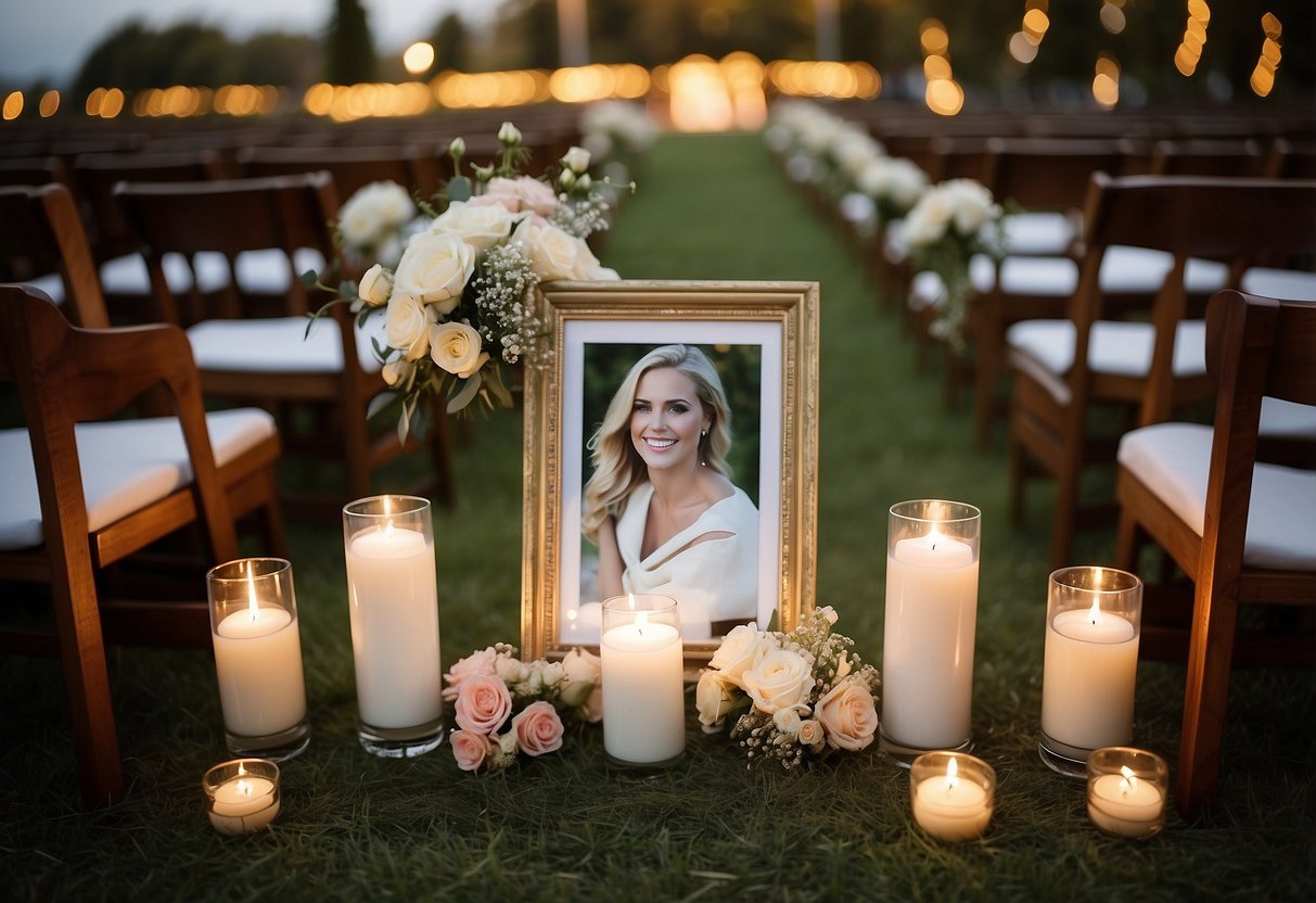 A wooden memorial chair adorned with a picture frame, surrounded by flowers and candles, evoking a sense of love and remembrance for a wedding