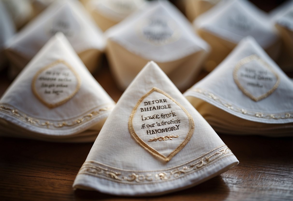 Guests receive personalized handkerchiefs, each inscribed with a loving memory wedding message