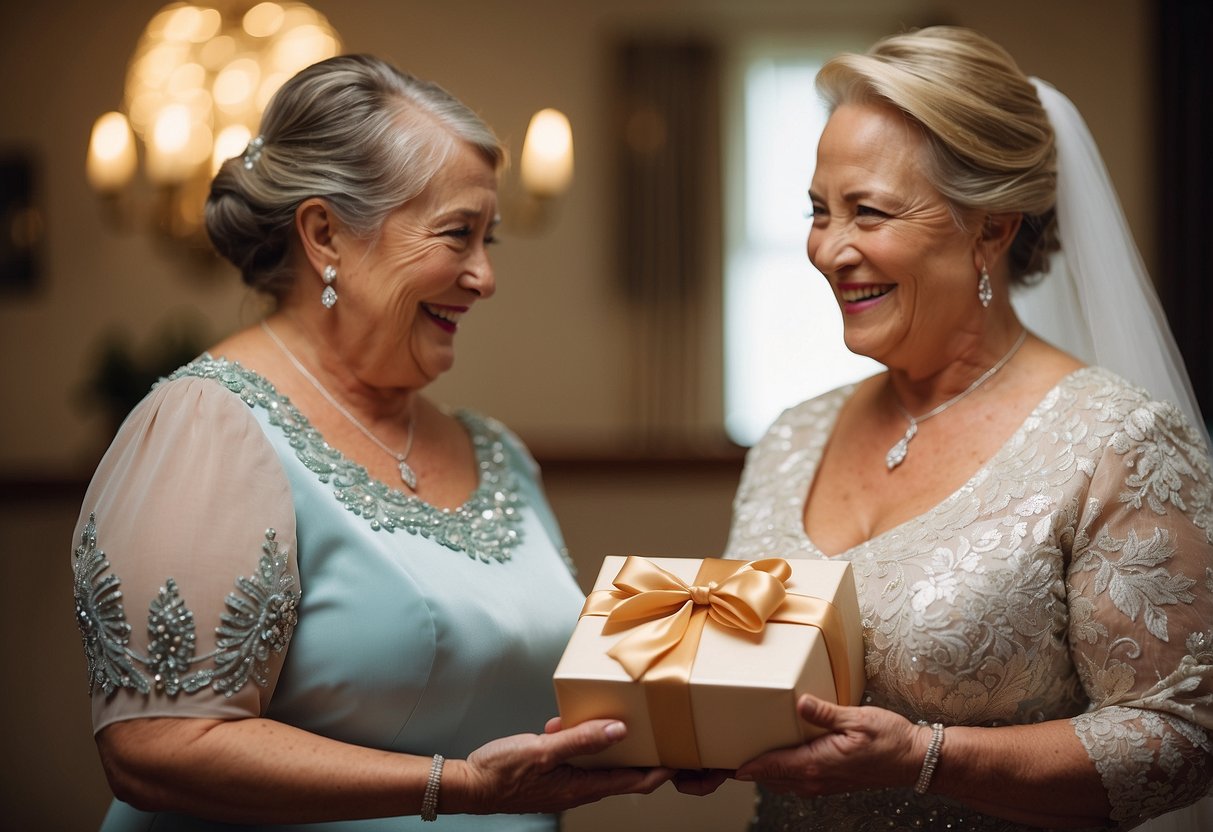 Groom's mother presents a thoughtful gift to the bride's mother, symbolizing their bond and support for the upcoming union