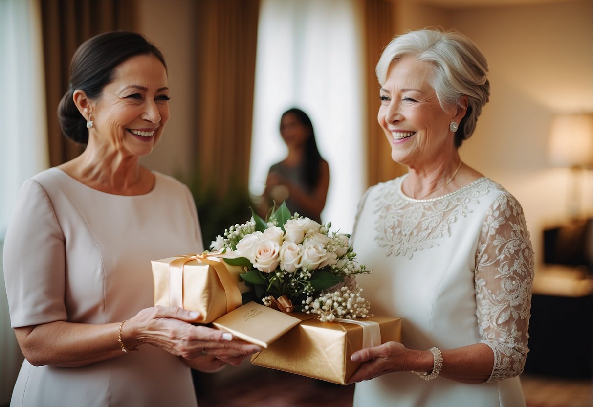 Groom's mother presents a gift to the bride's mother with a smile, in a graceful and respectful manner