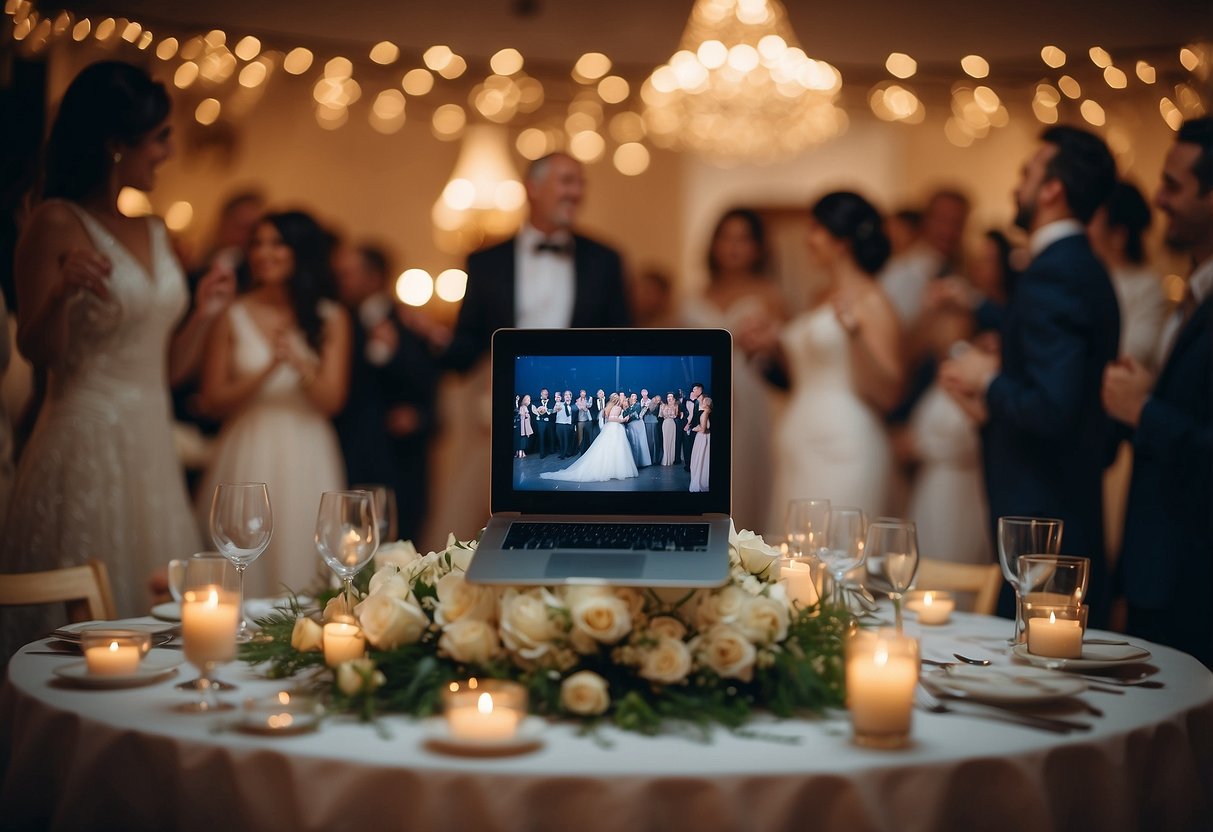 A joyful wedding scene with a list of songs on a table, surrounded by dancing and celebrating guests