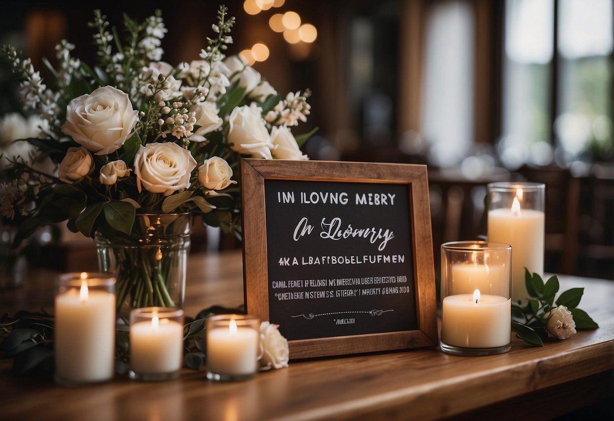 A wooden sign with "In Loving Memory" and wedding details, surrounded by flowers and candles