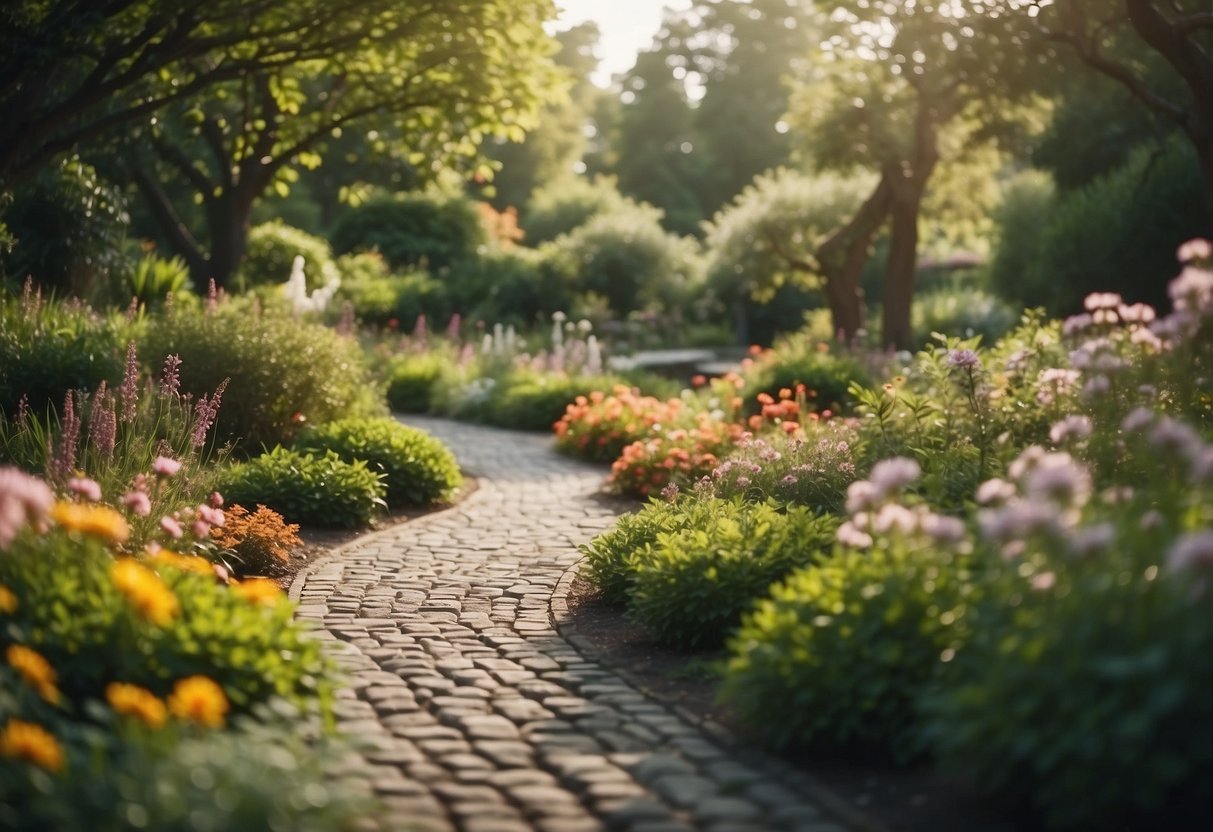 A serene garden with a winding path, surrounded by vibrant flowers and lush greenery. A gentle breeze rustles the leaves, creating a sense of peace and tranquility