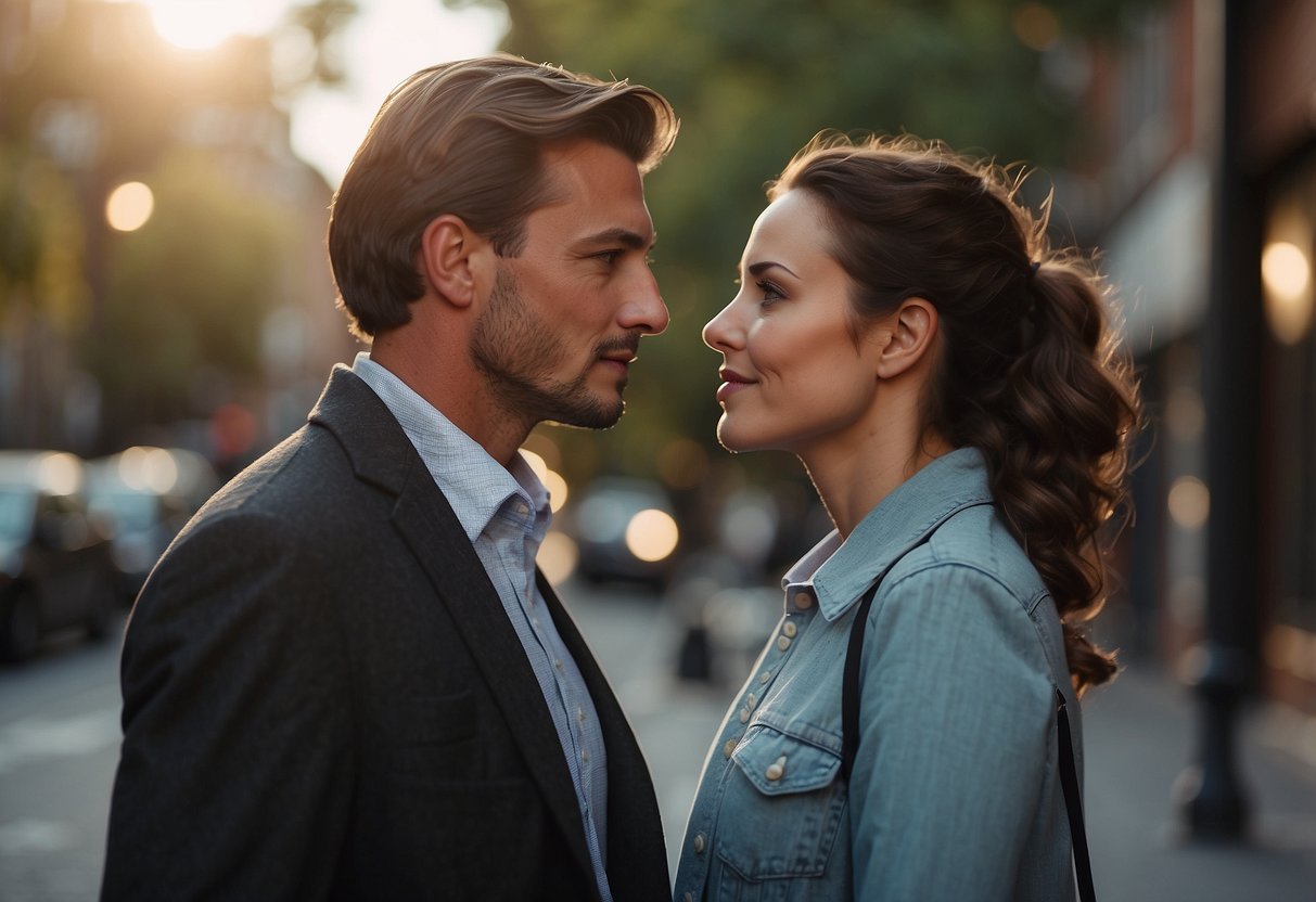 A couple stands facing each other, gazing into each other's eyes with a look of anticipation before leaning in for a tender kiss