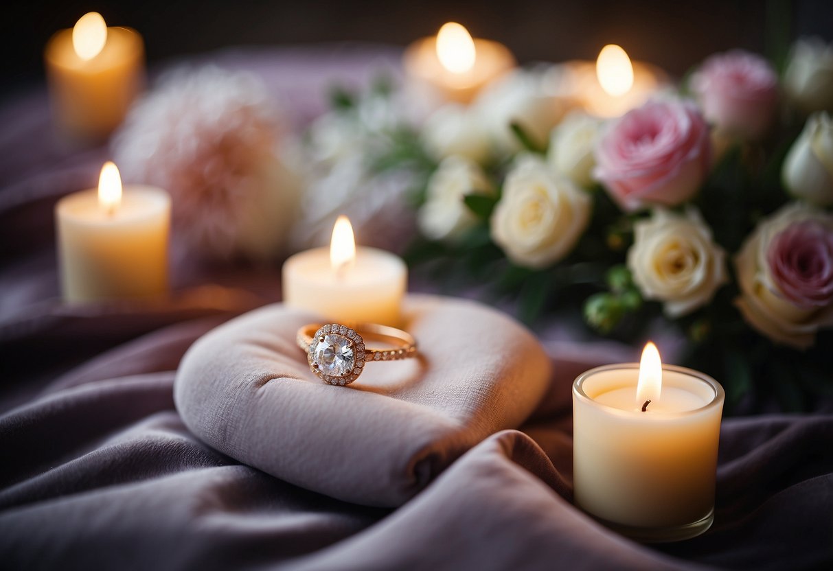 A wedding ring being placed on a velvet cushion, surrounded by flowers and candles, with soft romantic lighting