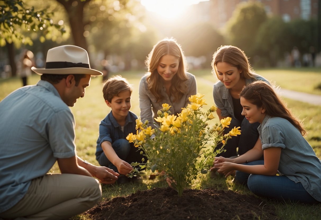 A group of people gathers around a newly planted tree, placing flowers and mementos at its base. The sun shines down on the scene, creating a peaceful and reflective atmosphere