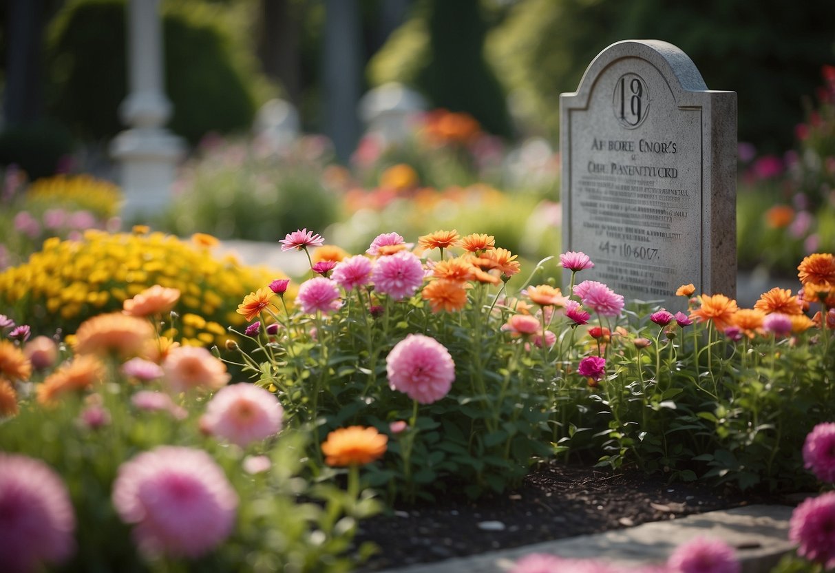 A serene garden with a memorial plaque nestled among vibrant flowers, symbolizing everlasting love and remembrance for a wedding ceremony