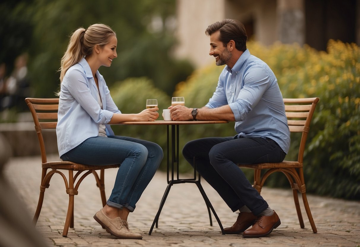 Two figures sitting close, facing each other, with relaxed body language. The atmosphere is warm and inviting, with a sense of ease and comfort