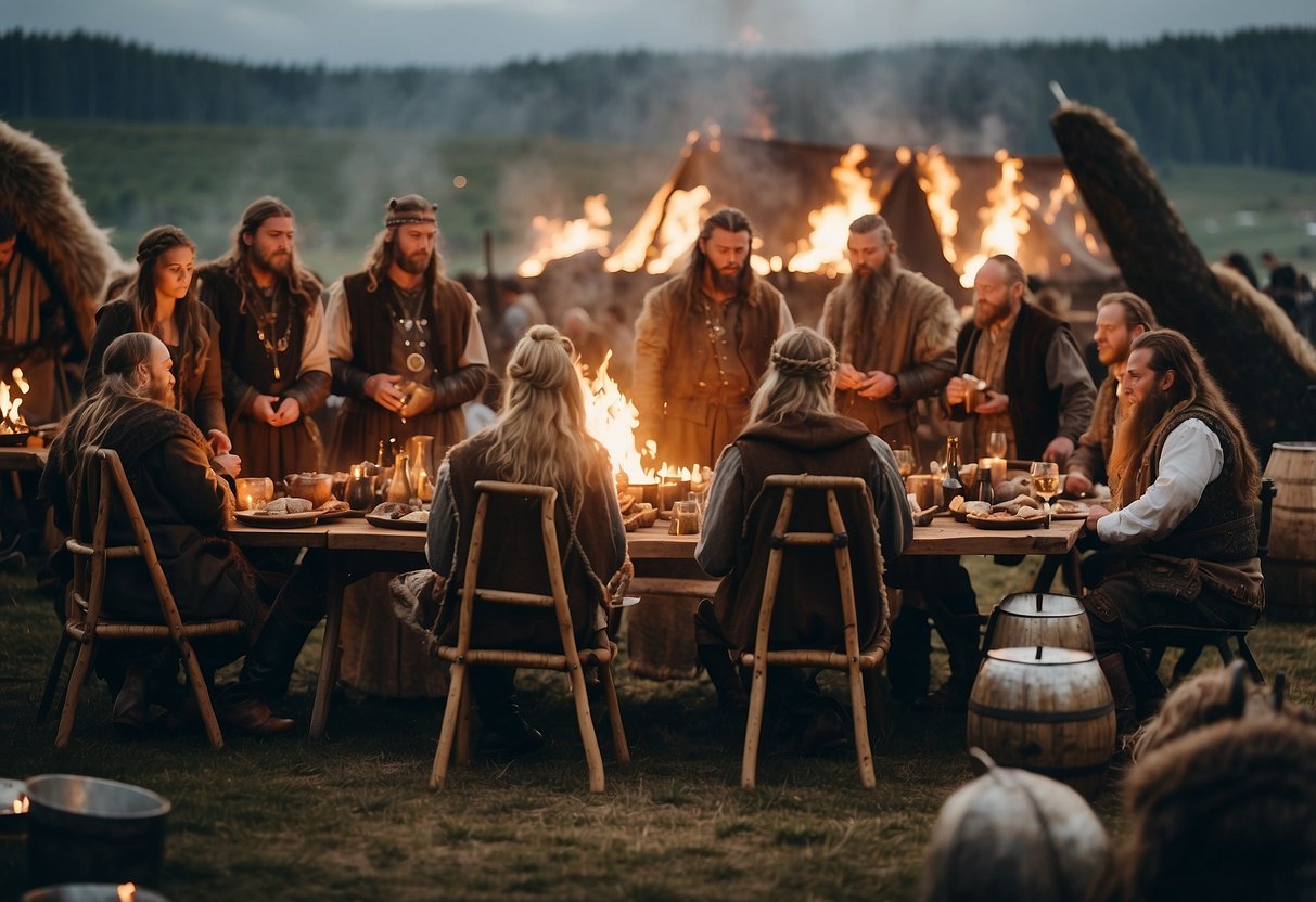 A viking wedding feast with long wooden tables, animal hides, torches, and a grand fire pit in the center. The guests are dressed in traditional viking attire, and there are horns of mead and ale scattered across the tables