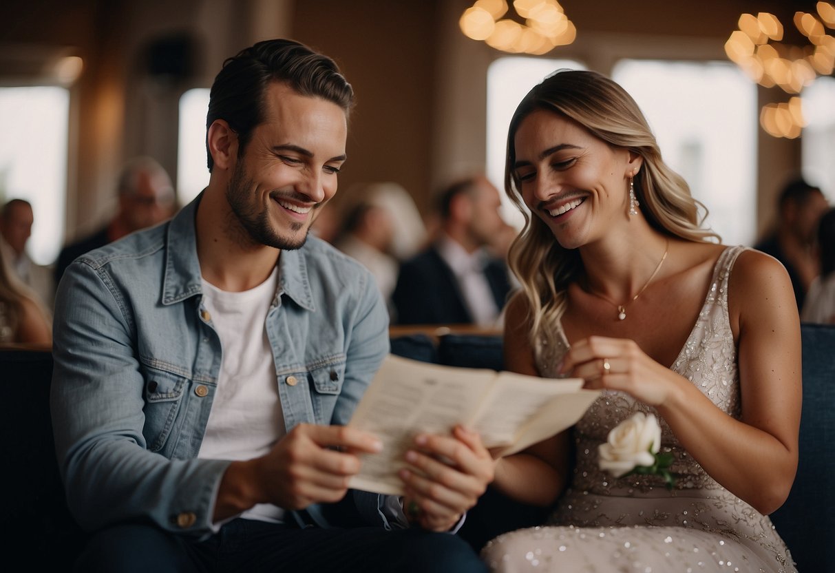 A couple sits together, flipping through a wedding songs list, smiling and nodding in agreement as they select the perfect tunes for their special day