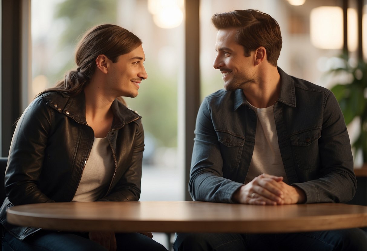 Two figures sitting close, gazing into each other's eyes, with a warm and affectionate atmosphere