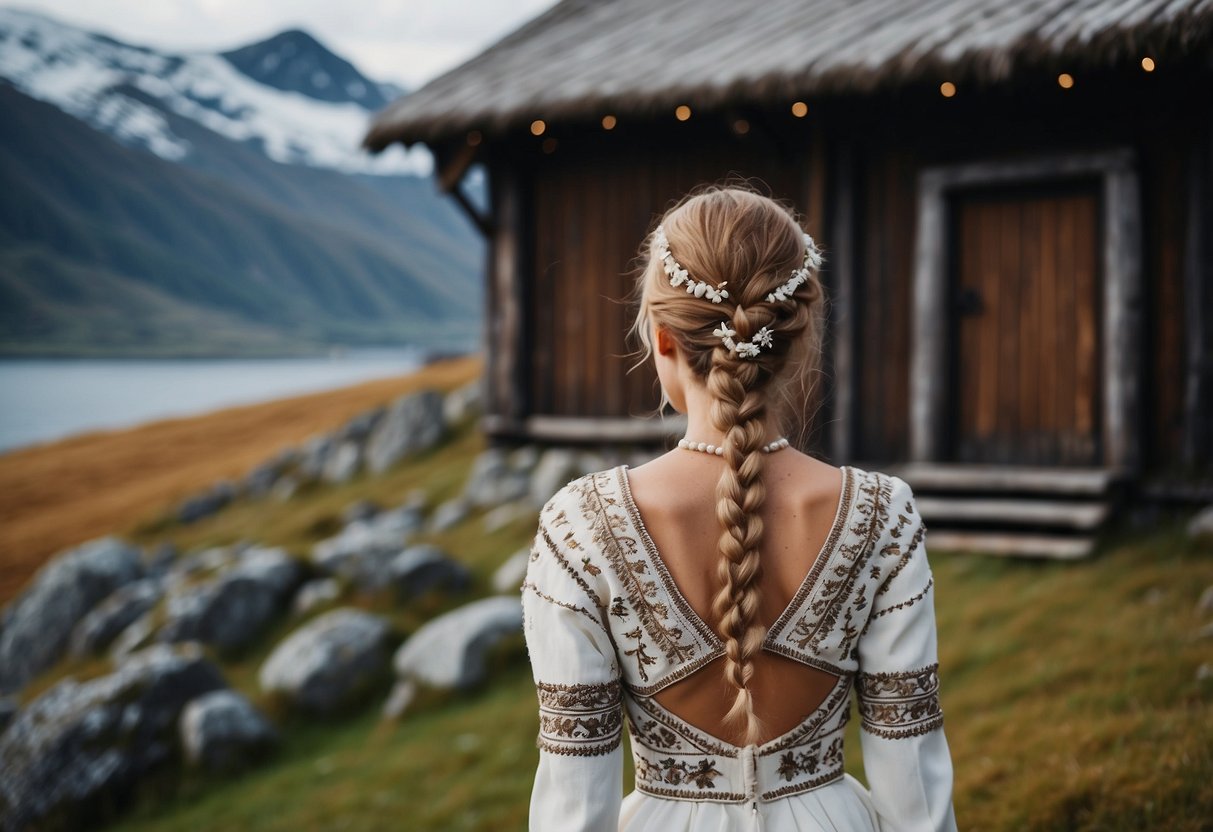 A traditional Nordic wedding dress with intricate embroidery and fur trim, set against a backdrop of snowy mountains and a wooden Viking longhouse