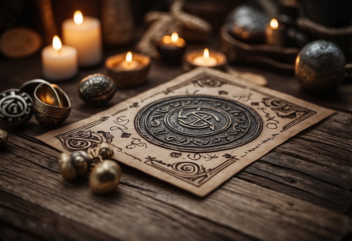 Rune-engraved invitations lay on a rustic wooden table, surrounded by Viking-inspired decor and symbols