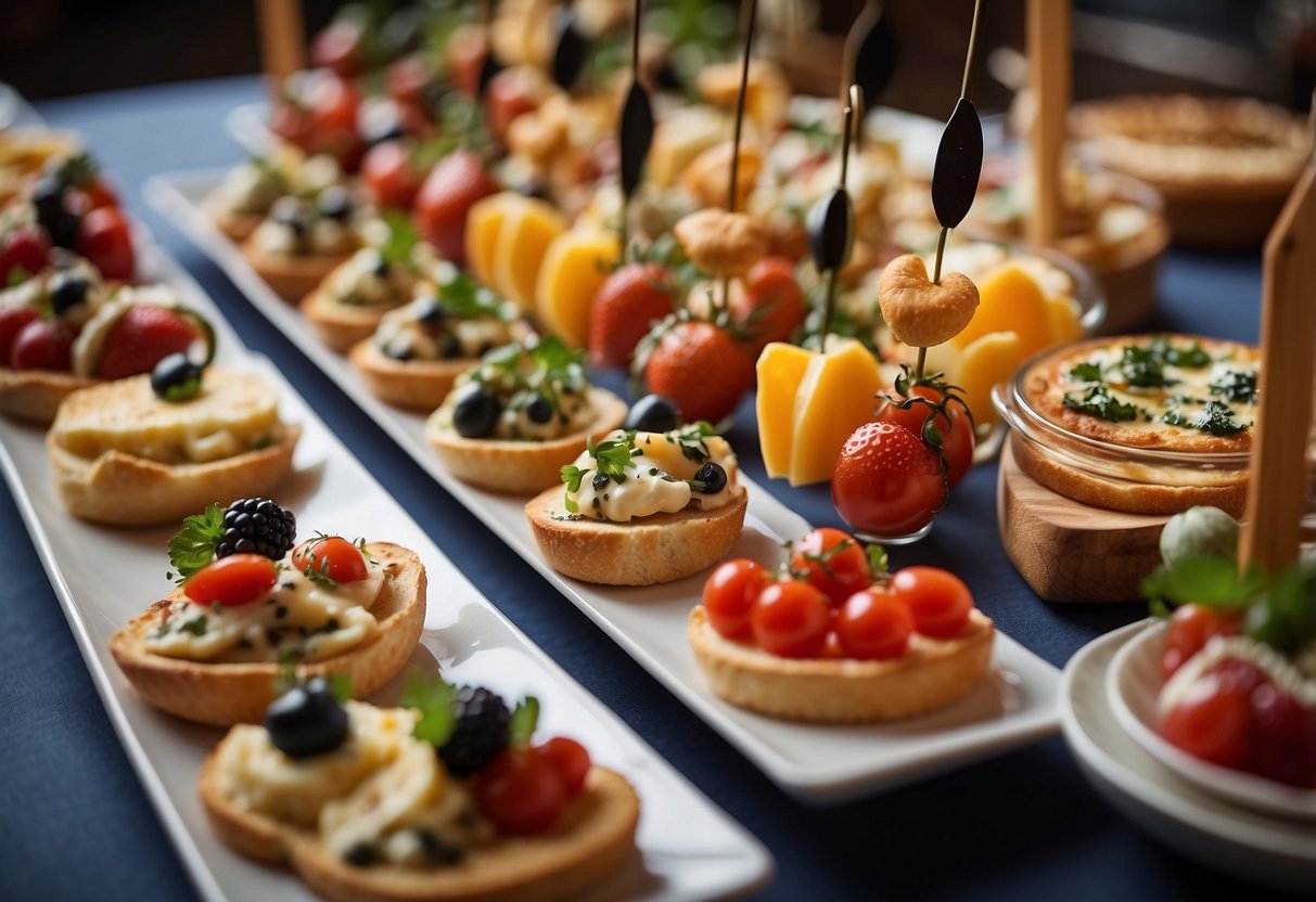 A beautifully arranged table with a variety of elegant and colorful appetizers, including mini quiches, bruschetta, fruit skewers, and cheese platters