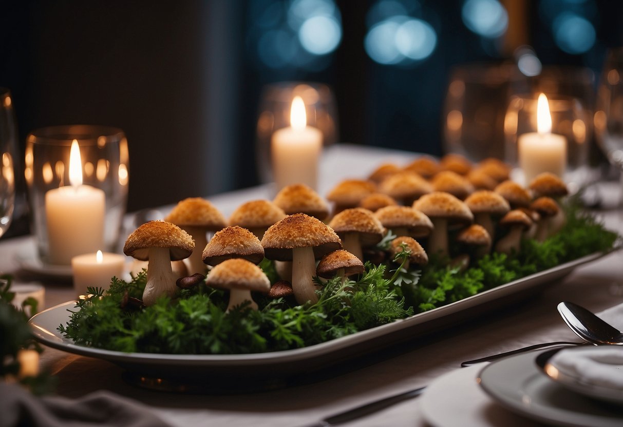 A table adorned with elegant platters of stuffed mushrooms, surrounded by delicate floral arrangements and soft candlelight