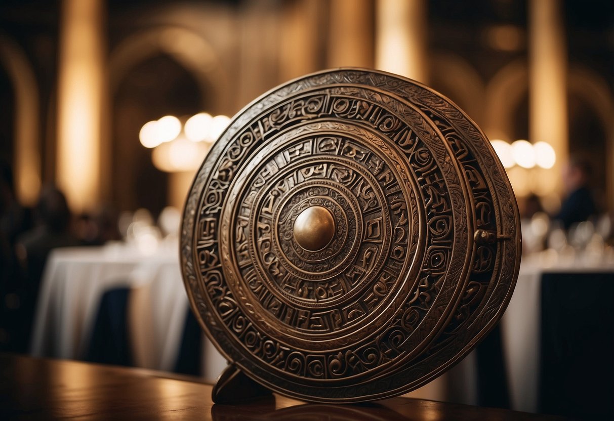 Viking shields adorned with intricate carvings and symbols, displayed in a grand hall for a traditional Viking wedding celebration