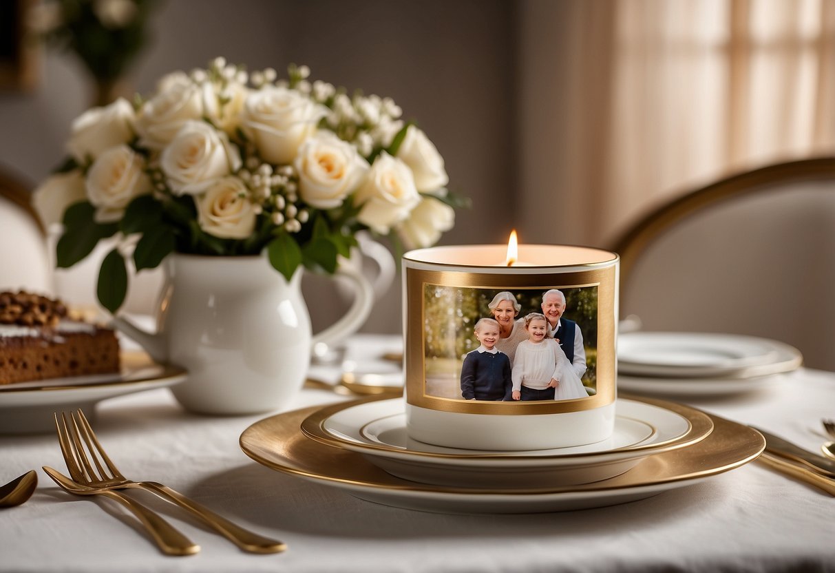 A table set with elegant dinnerware and a centerpiece of fresh flowers, surrounded by family photos and a cake with "70th Anniversary" written in gold lettering