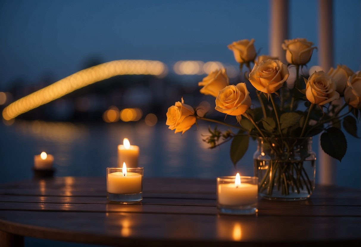 A candlelit table on a boat deck, surrounded by calm waters and twinkling city lights. A gentle breeze carries the sound of soft music and the scent of roses